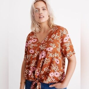 Madewell Novel Tie-Front Hillside Daisy Burnt Clay V-neck Short Sleeve Top MP